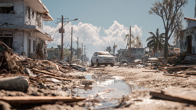 A white Jeep on a destroyed road